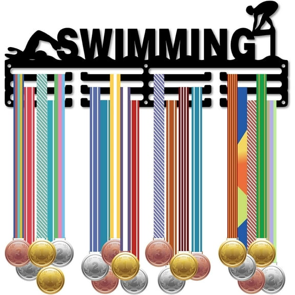 Swimming Medal Display Ribbon Awards Holder Iron Black 3 Row Hold 60  Medals Metal Small Wall Mount Athlete Sport Hanger Rack Decor for Home Sporter Athletes Medalist Races 15.7 x 5.9 Inch