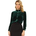 thumbnail image 2 of Blusa de terciopelo para mujer con volantes y cuello alto, manga larga, con botones Verde oscuro S, 2 of 5