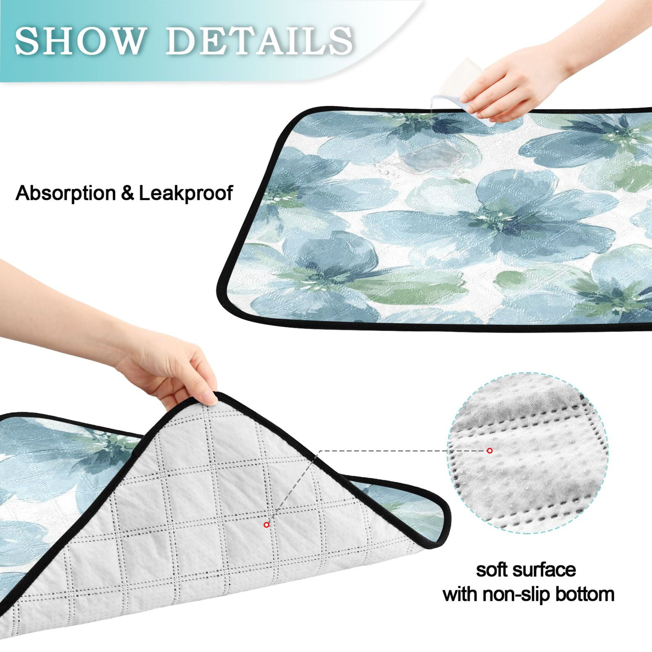 Qxltty Elegant Flowers in Shades Of Blue Cat litter Pads Pet Set of 3 Diaper Mats Center Anti-leakage Layer Absorbent Soft and Comfortable
