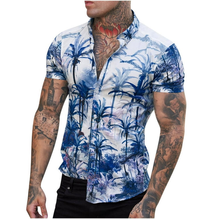 VSSSJ Button Down Shirts for Men Summer Loose Fit Holiday Short Sleeve  Tropical Palm Tree Print Casual Hawaiian Stylish Beach Shirt Blue XXXL