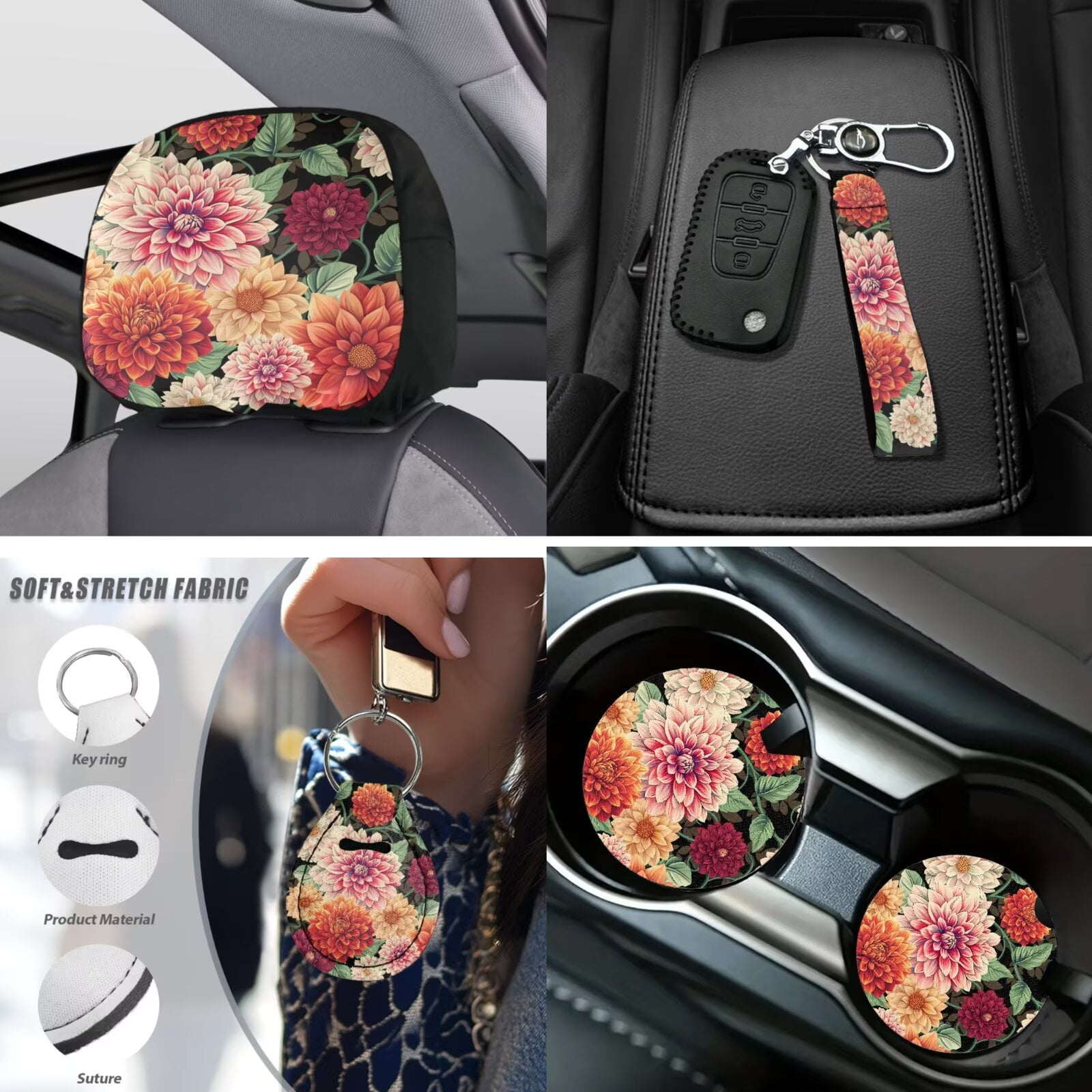 Uorisanigo Boho Flower Print 18pcs Car Seat Covers Full Set with Shoulder Strap Protector Center Console Cover Steering Cover Headrest Shift Knob Handbrake Covers Cup Holder Coasters Keychain