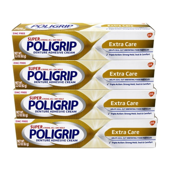 Super Poligrip Extra Care Denture Adhesive Cream, Zinc Free Denture Cream - 2.2 Ounce (Pack of 4)
