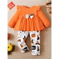 thumbnail image 3 of Bagilaanoe 2Pcs Toddler Baby Girl Halloween Outfits Letter Print Long Sleeve Tunic Tops + Letter Pumpkin Ghost Print Trousers 6M 12M 18M 24M 3T 4T Infant Fall Long Pants Set, 3 of 9