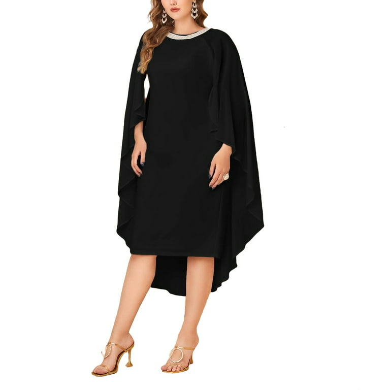 Party Solid Round Neck Fitted Long Sleeve Black Plus Size Dresses (Women's)  