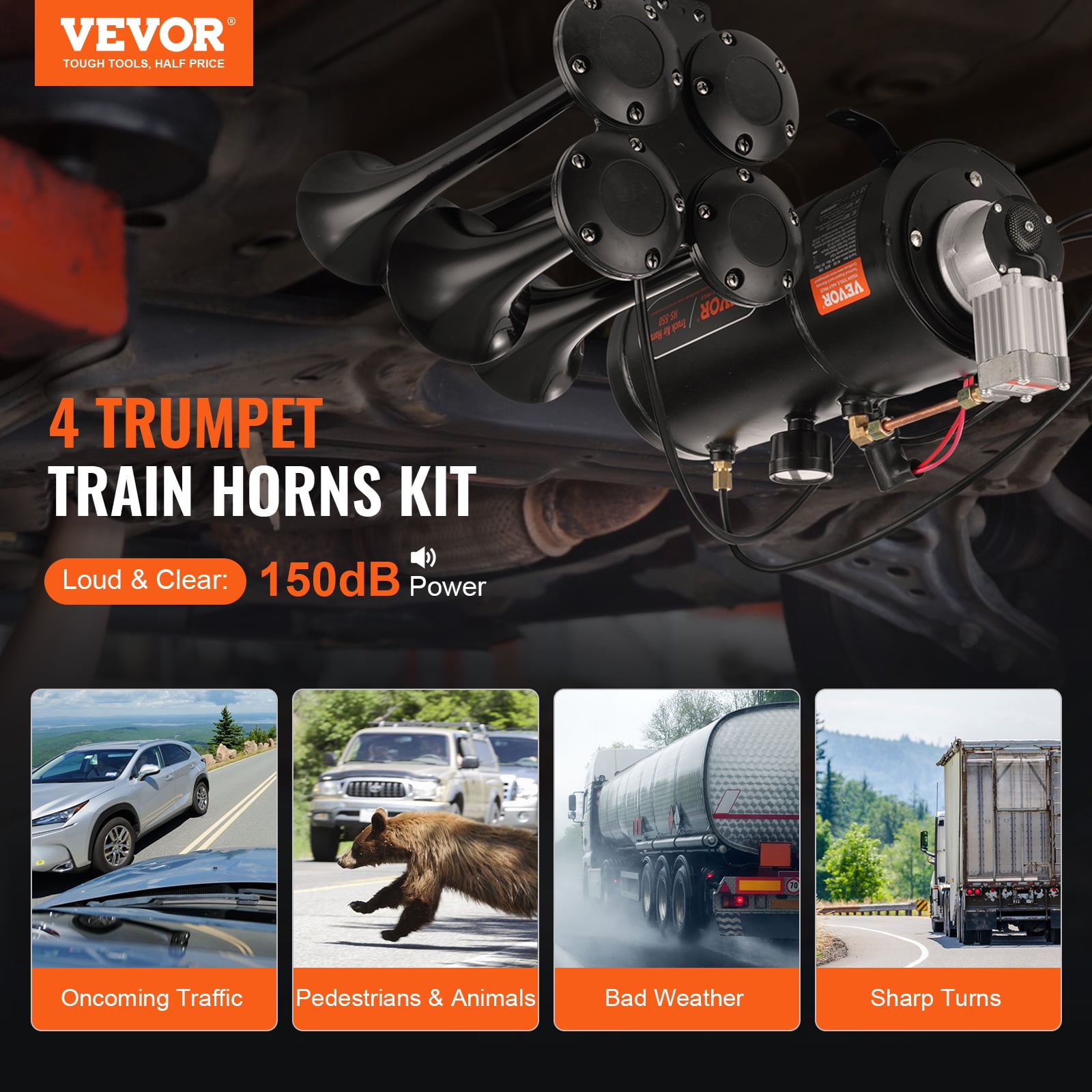 KFFKFF Train Horns Kit 4 Trumpet Air Horn Kit 120 psi Air Compressor 0.8 Gal Tank