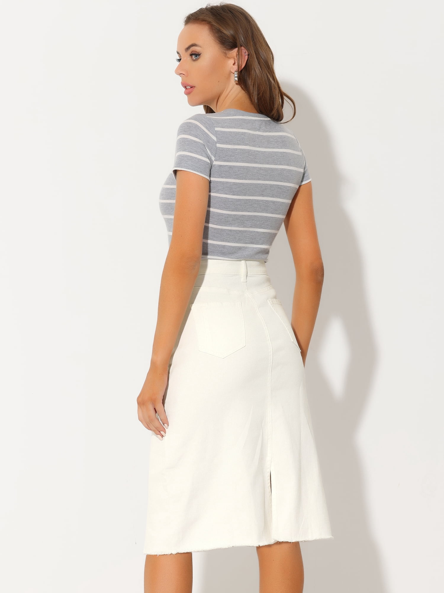 DARING DIVA Women's Jean Back Vent Midi Length Denim Skirts 2XL Cream White