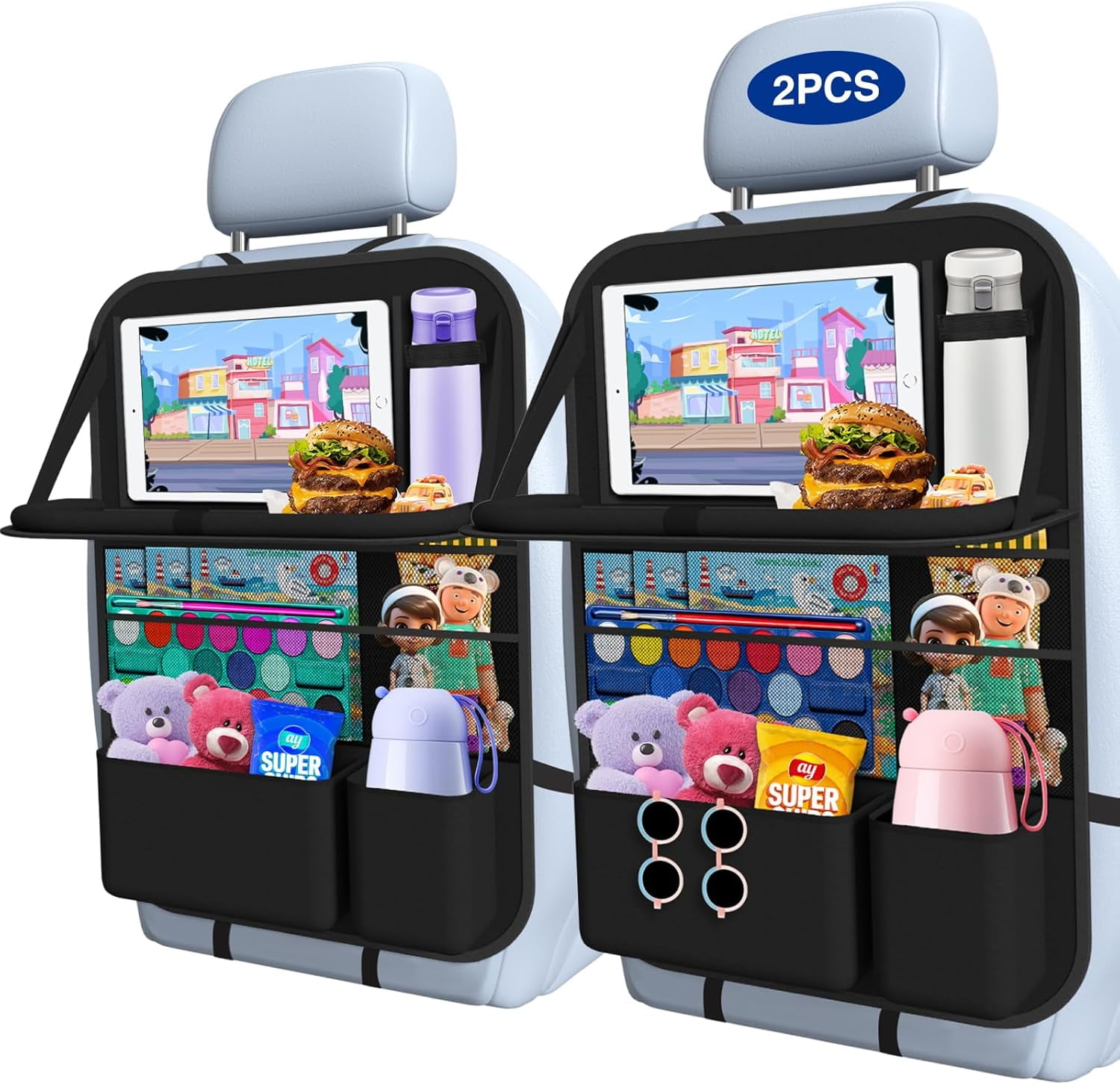 Backseat Car Organizer with Touch Screen,Kick Mats Back Seat Protector with 10 Storage Pockets,Car Seat Back Organizers Storage for Snacks Drinks Toy Umbrellas for Kids Road Trip
