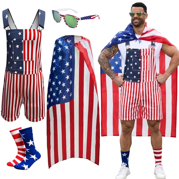 250th Anniversary American Flag Overalls Men,4th of July Cape,USA Sunglasses,Patriotic Socks,4 Pcs for Independence Labor Day(Red White and Blue,L)