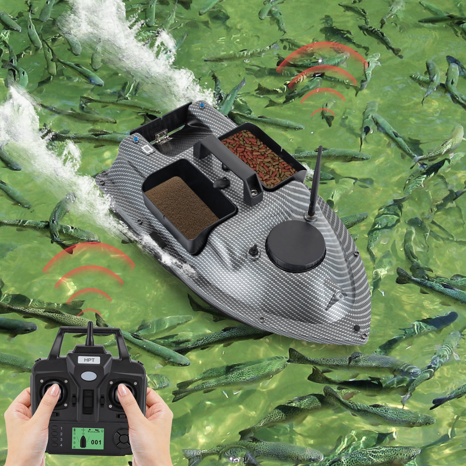RC Fishing Bait Boat with Dual Motors, GPS Positioning, 4-Hour Continuous Sailing, 3 Compartment Bait Storage, Waterproof Design