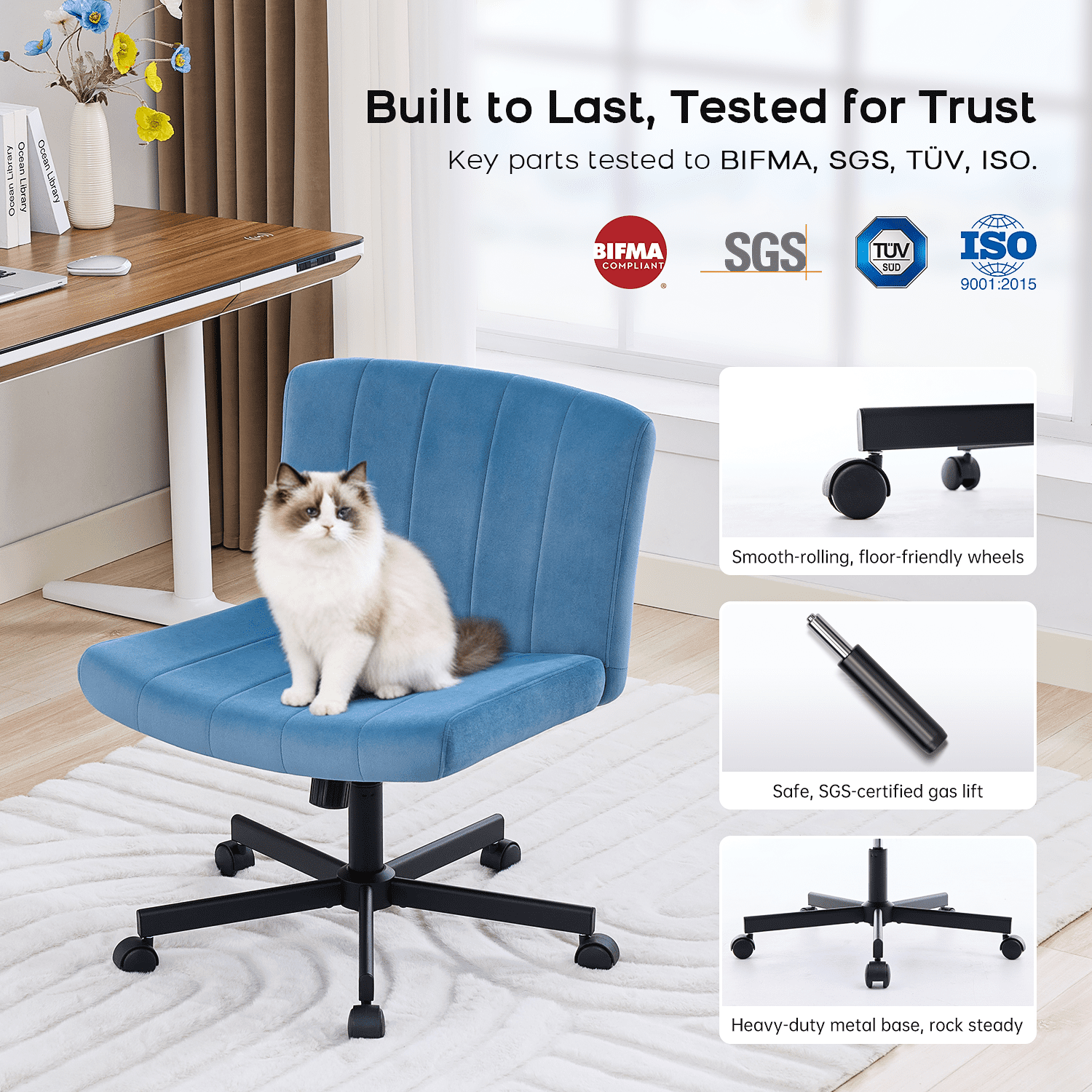 TMV Criss Cross Chair–Armless Office Chair, Fabric Padded Vanity Chair Computer Chair with Wheels, Wide Seat Swivel Desk Chair for Home Office，Navy Blue