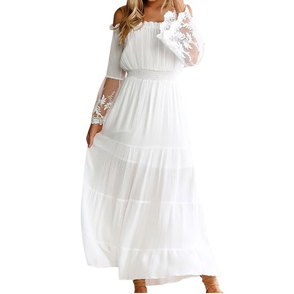 Lilgiuy Women?s Solid Color Slash-Neck Long Sleeve Lace Stitching Long Dress