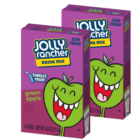 Jolly Rancher Singles To Go Powdered Drink Mix, Green Apple Sugar-Free Drink Powder, Fruity Flavored Water Enhancer for Picnics Kid's Lunches Sports Events & More 2 Boxes-6ct each 12 Total Servings