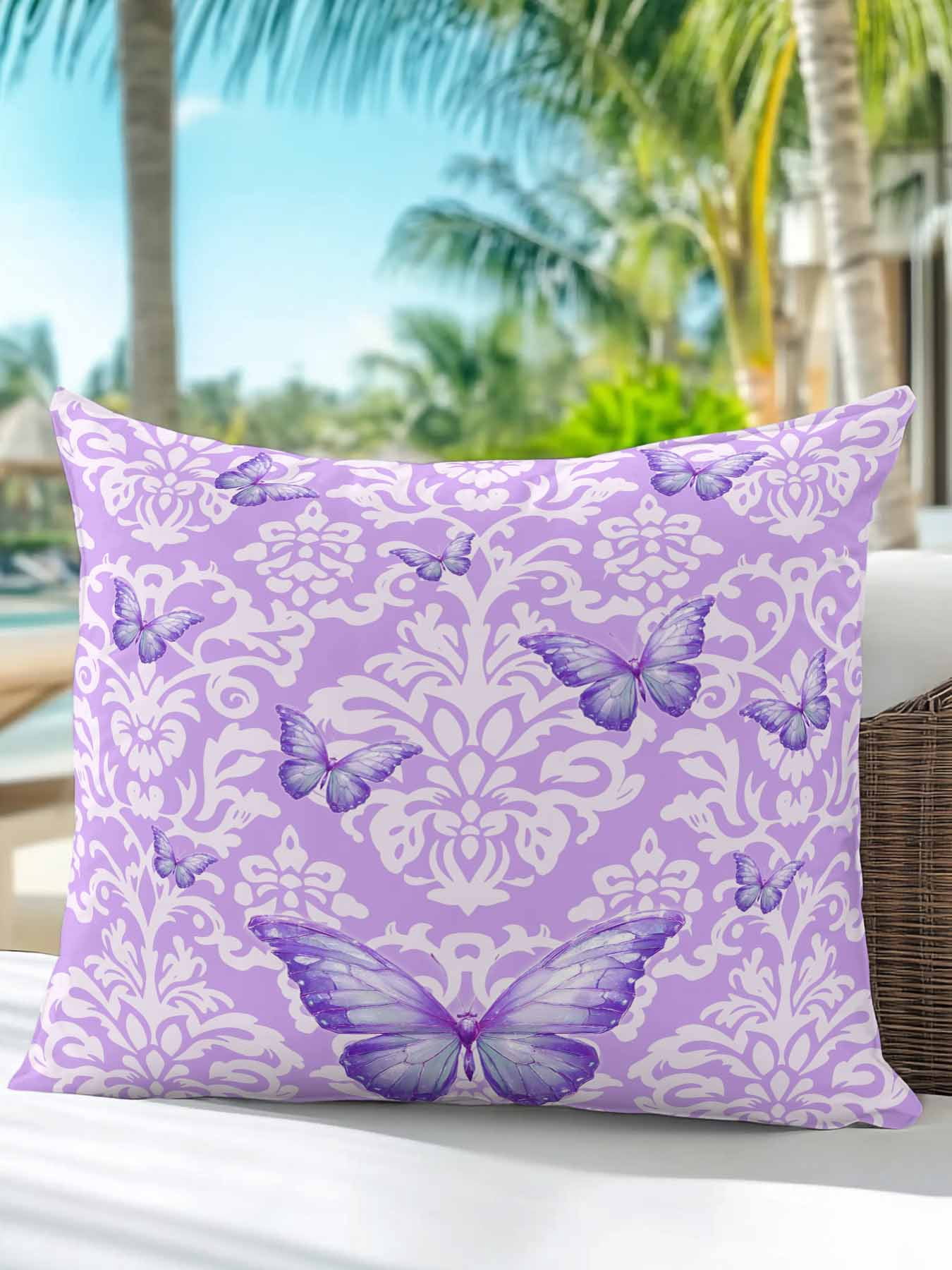 1 Pack Outdoor Throw Pillow, Purple Butterflies Flowers Waterproof Pillow with Insert Included, Boho Vintage Floral Botanical Decorative Accent Cushion Sofa Pillows for Patio Porch, 18 x 18 In