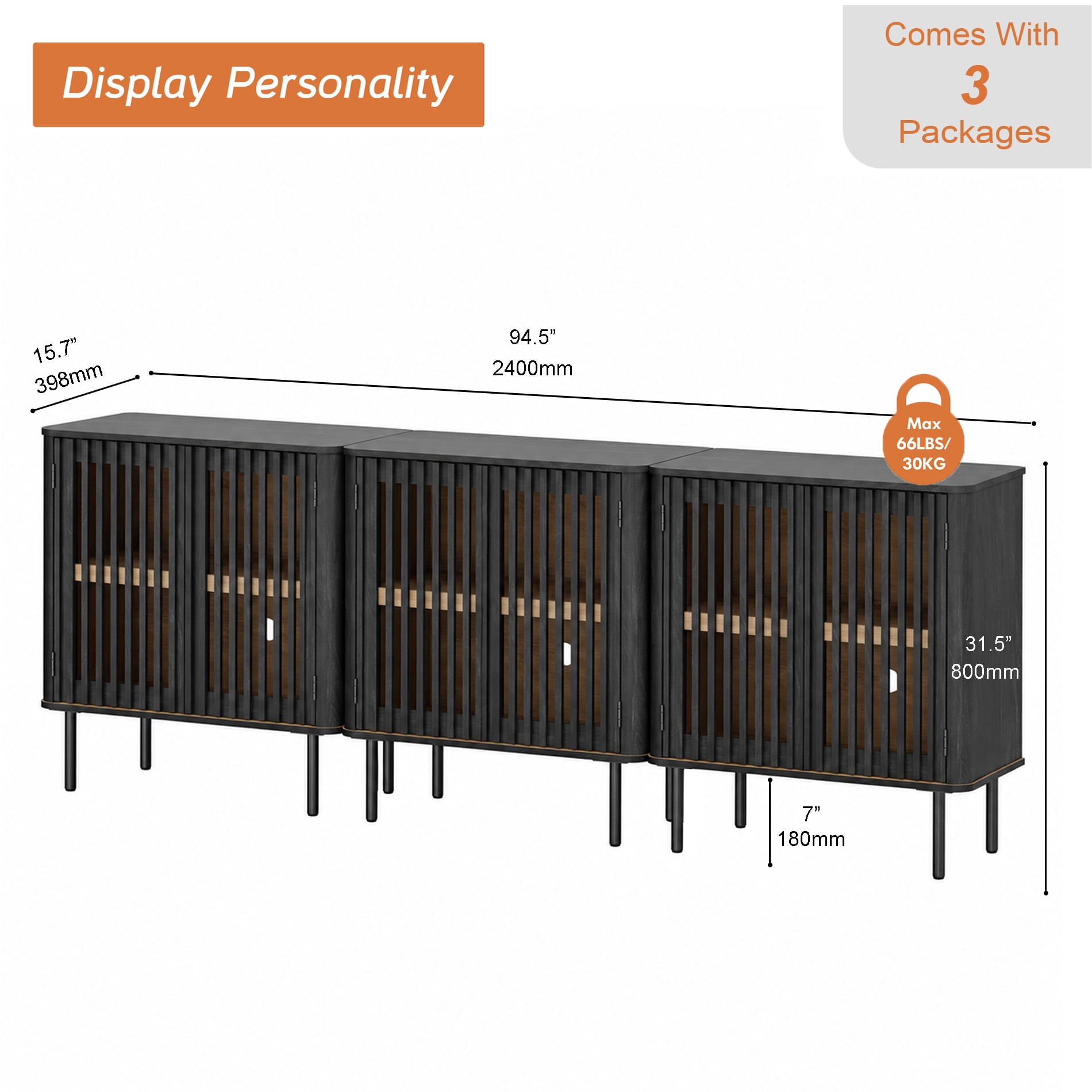94.5" Mid Century Modern Sideboard Buffet Cabinet with Storage, Black