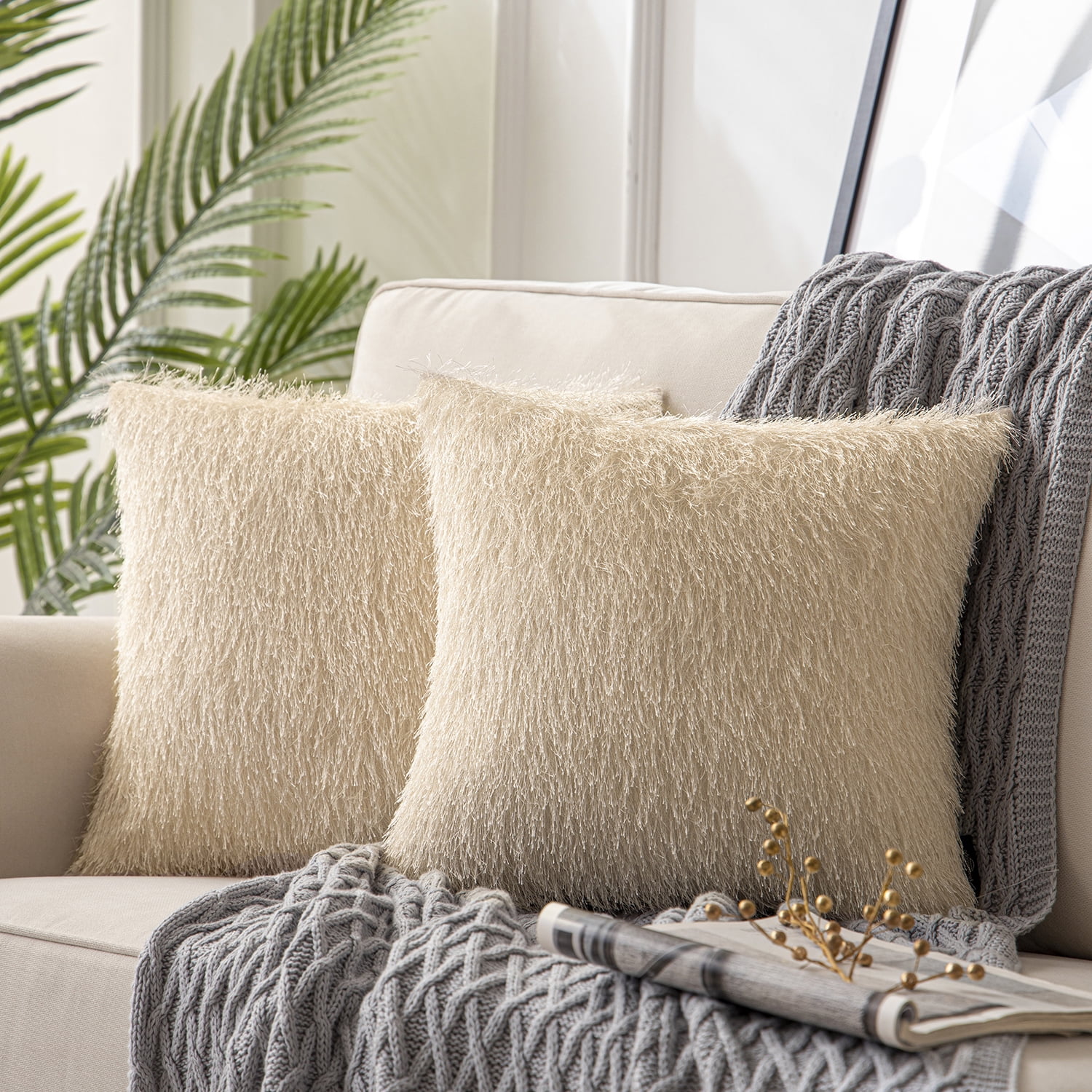 Phantoscope Luxurious Shiny Tassel Fringed Velvet Series Decorative Throw Pillow, 18" x 18