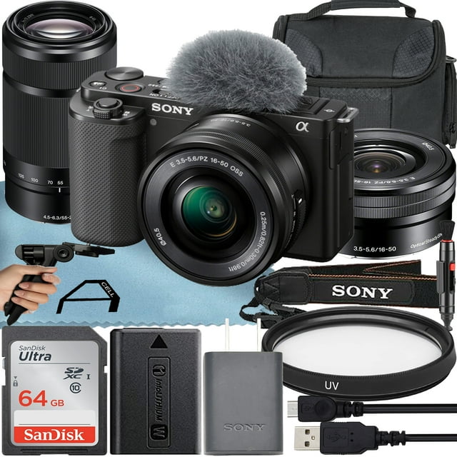 Sony Alpha ZV-E10 Mirrorless Vlog Camera with 16-50mm Lens + 55-210mm Lens + 64GB Memory Card + Tripod + Case + A-Cell Mobility Accessory Bundle (Black)