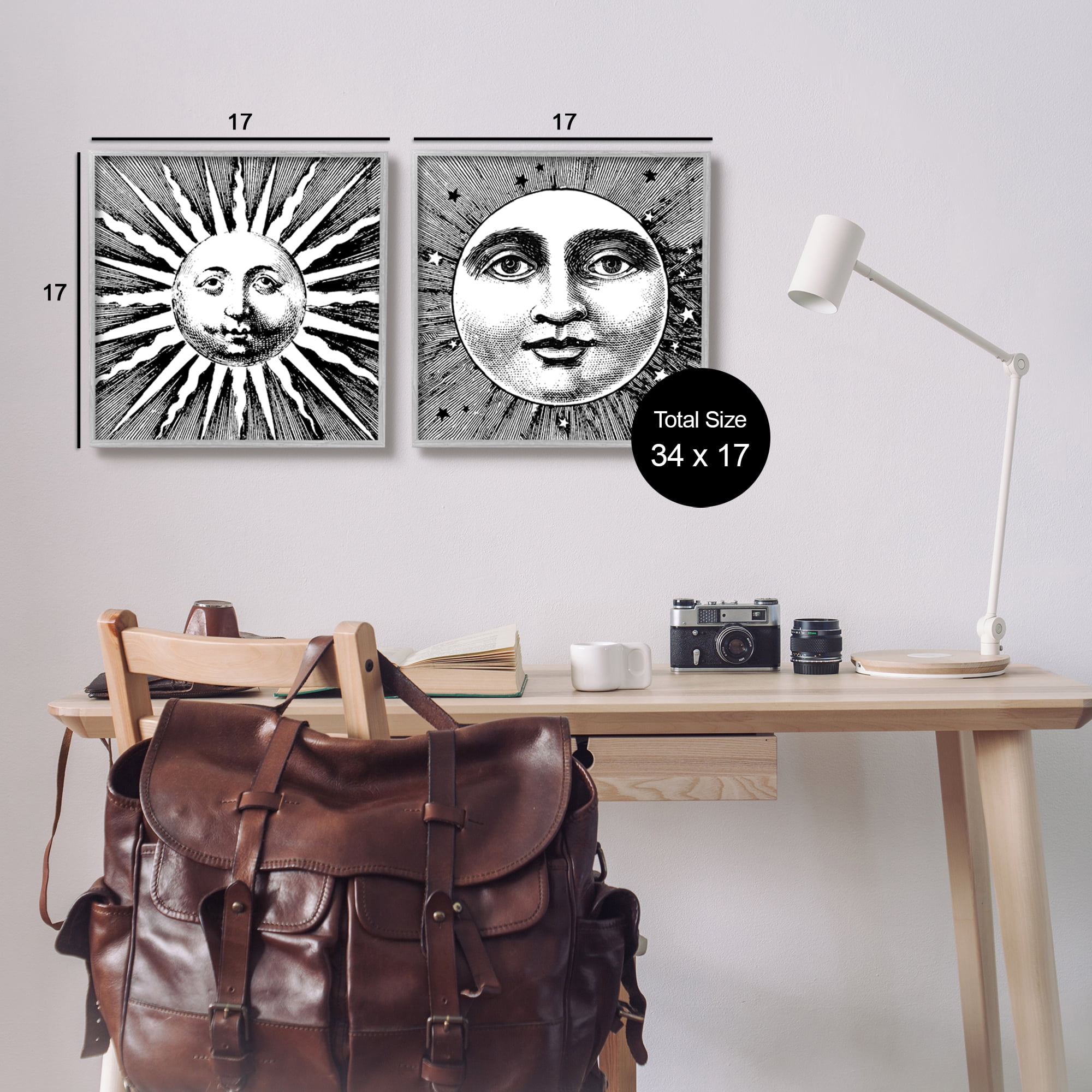 Stupell Industries Sun & Moon Faces Landscape Painting Gray Framed Art Print Wall Art, 17 x 17