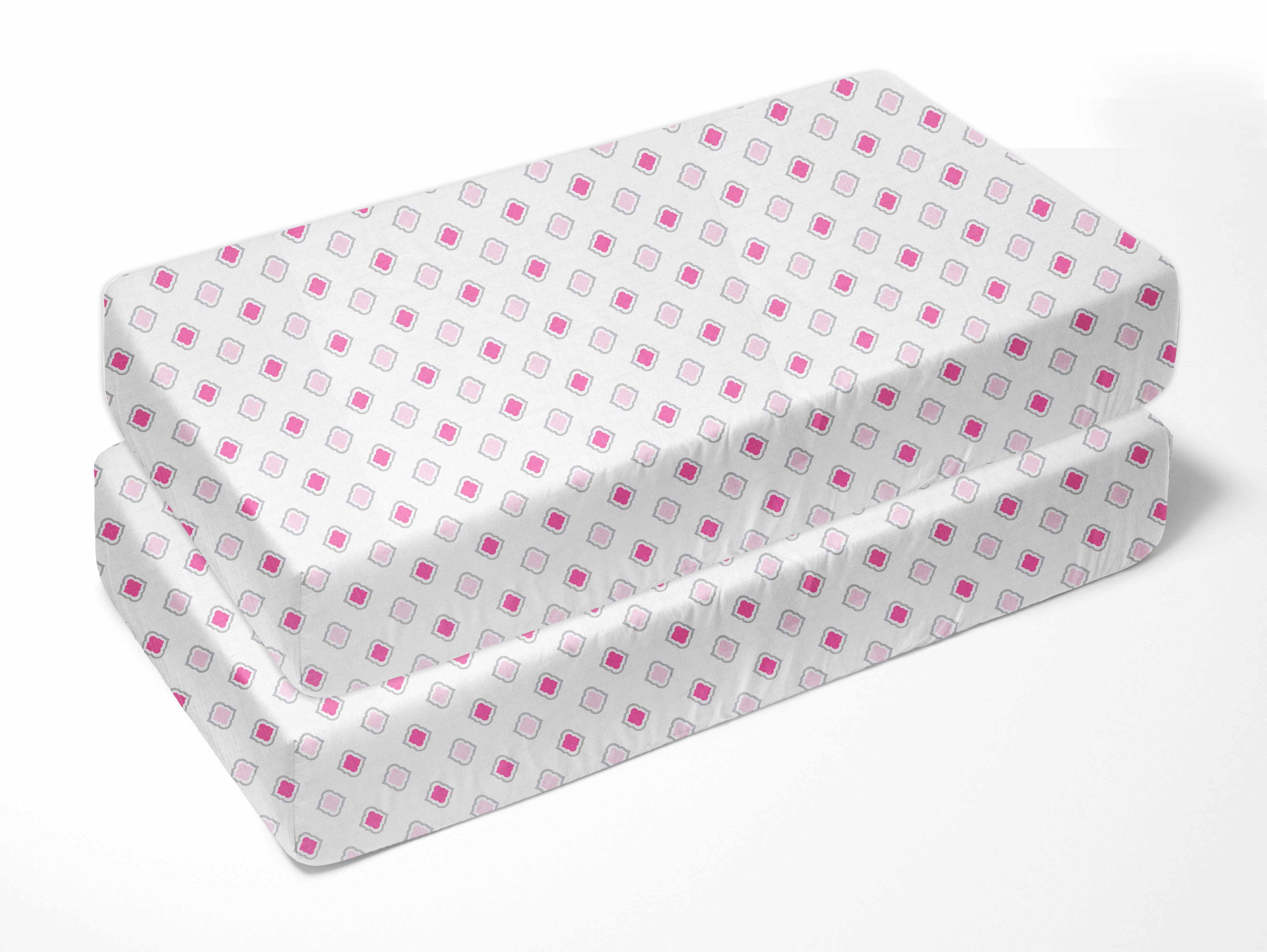 Bacati - Morocan Tiles Crib/Toddler Bed Fitted Sheets 100% Cotton Muslin 2 Pack, Pink/Gray