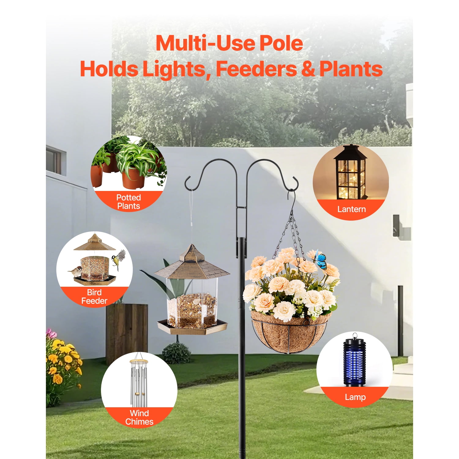 KFFKFF Double Shepherds Hooks for Outdoor Use, Set of 8, 60-Inch Sturdy Bird Feeder Poles, 3/4 Inch Thick Garden Hooks for Hanging Feeders, Plant Baskets, Solar Lanterns, and Wind Chimes