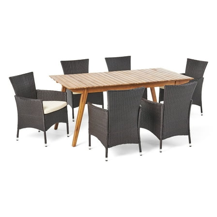 Saiman Outdoor 7 Piece 6 Seater Acacia Wood and Wicker Dining Set with Water Resistant Cushions