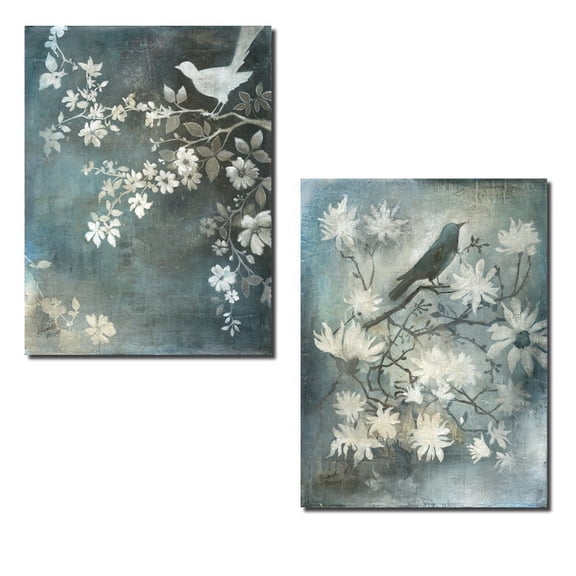 Into The Now I Lovely Songbird Silhouette and Flowers; Two 12X16 Poster Prints. Light Blue/Grey/White