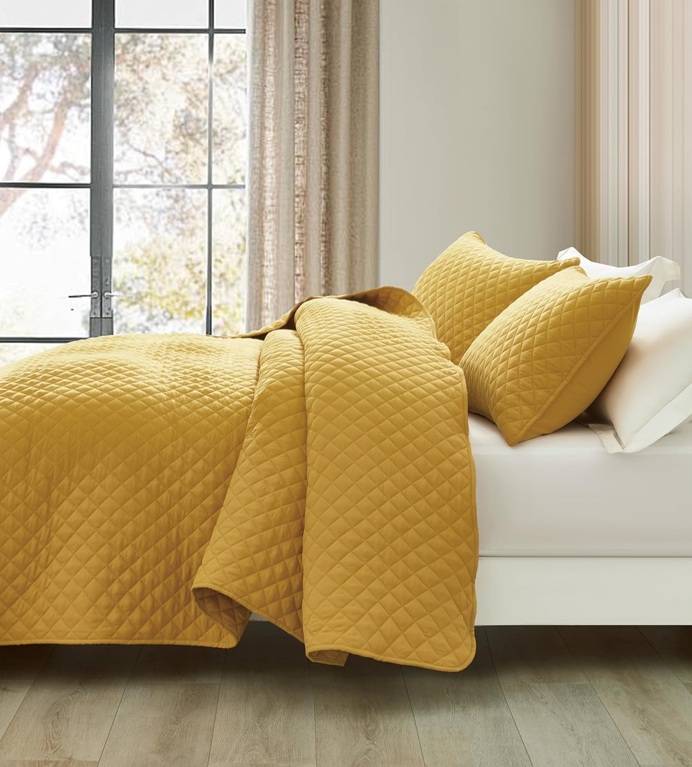 Chezmoi Collection Teo 3-Piece Mustard Yellow Queen Size Quilt Set - Diamond Stitched Lightweight Microfiber Bedspread Set Bedspread Set for All Seasons