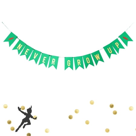 Never Grow Up Birthday Banner Lost Boys Peter Pan Party Banner Decoration Baby Birthday Metallic Gold Green Red Bunting Garland Card Stock