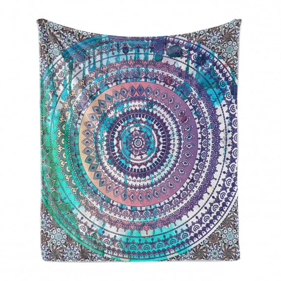 Ethnic Soft Flannel Fleece Blanket, Classical Mandala in Various Details Drawn Design Composition Old Print Design, Cozy Plush for Indoor and Outdoor Use, 50" x 60", Lilac and Blue, by Ambesonne