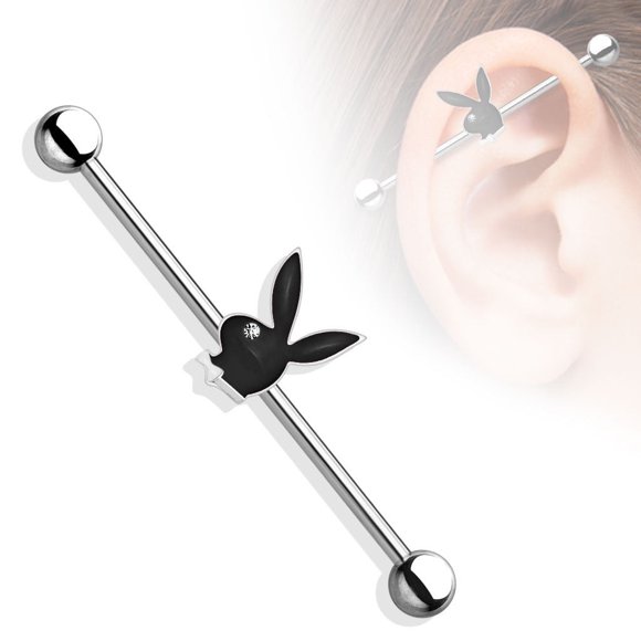 Industrial Barbell with Playboy Bunny Epoxy and Clear Gem Eye Surgical Steel 14g
