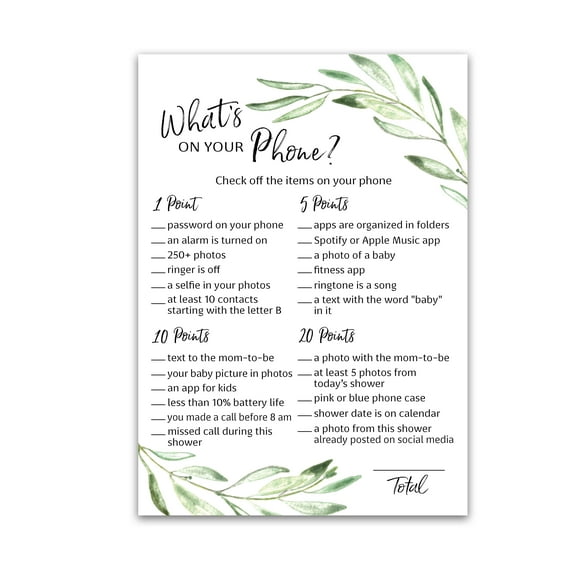 GREENERY Baby Shower Games — WHAT'S ON YOUR PHONE Baby Shower Game — Pack of 25 — GENDER NEUTRAL Baby Shower Games, Succulent Rustic Green Olive Branch Baby Shower Decoration, Baby Shower Games G