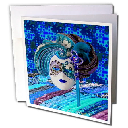 3dRose Pretty Mardi Gras Mask, Tassels on Bead Background, Blue, Green - Greeting Card, 6 by 6-inch