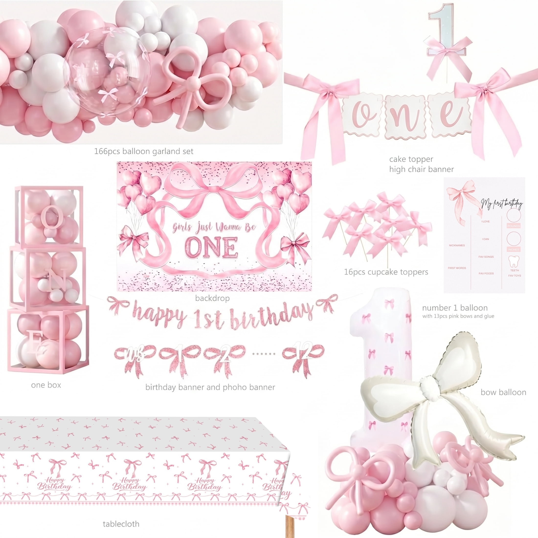 EMPIRE PARTY Supply Pink Bow 1st Birthday Decorations for Girl, Pink White Balloon Arch Kit, Backdrop, High Chair Banner, 166 Pieces