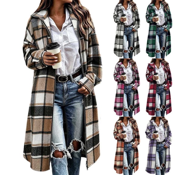 Xaqiouau Womens Plaid Long Coat Zip Up Jacket Oversized Flannel Shacket Long Sleeve Lapel Casual Fall Winter Outerwear With Pockets