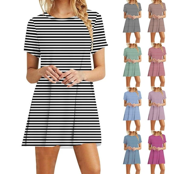 Ashirexll Midi Dresses for Women, Women's Casual Dresses, Fashion Dresses Summer Casual Rounk Neck Short Sleeve Printed Dress