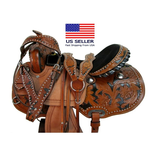 Western Saddle Trail Barrel Racing Horse Pleasure Floral Tooled Leather Tack Set 15 16 17 Headstall Breast Collar & Reins | Free Shipping
