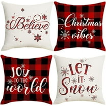 16x16 Christmas Pillow Covers, Decorative Farmhouse Christmas Vibes Believe Buffalo Plaid Let it Snow Christmas Outdoor Pillow Shams Cases Slipcovers Set of 4 for Couch Sofa
