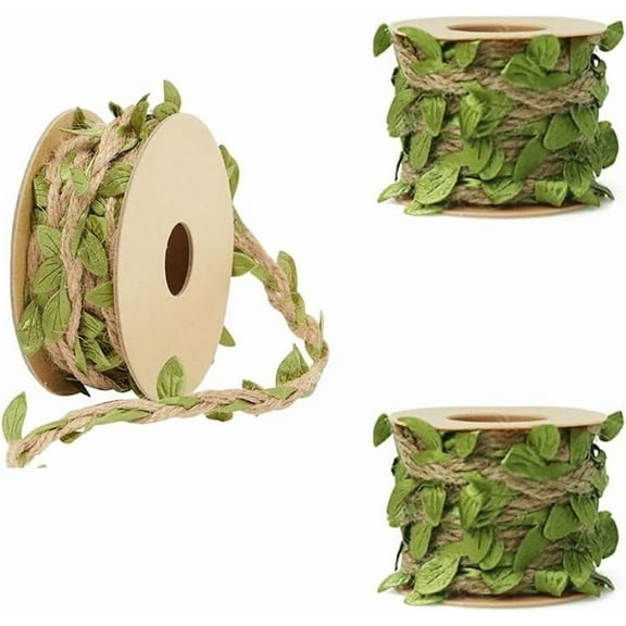3 Pcs Natural Jute Twine,49Ft Green Natural Burlap Leaf Ribbon Twine with Artificial Vine Green Leaves for Wedding Home Garden Birthday Jungle Safari Themed Party Décor(5m Per Roll)