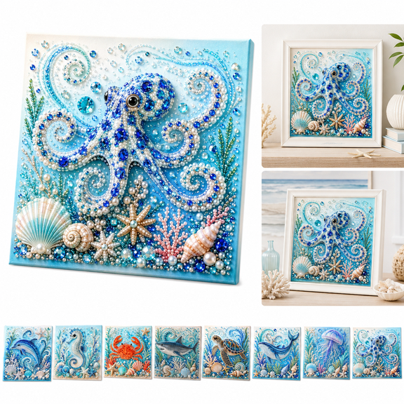 Octopus Pearl Diamond Art Kit, 20 x 20 cm Ocean Pearl Painting Kit for Adults and Beginners, DIY Bead Mosaic Craft with Frame for Coastal Desk Shelf Decor