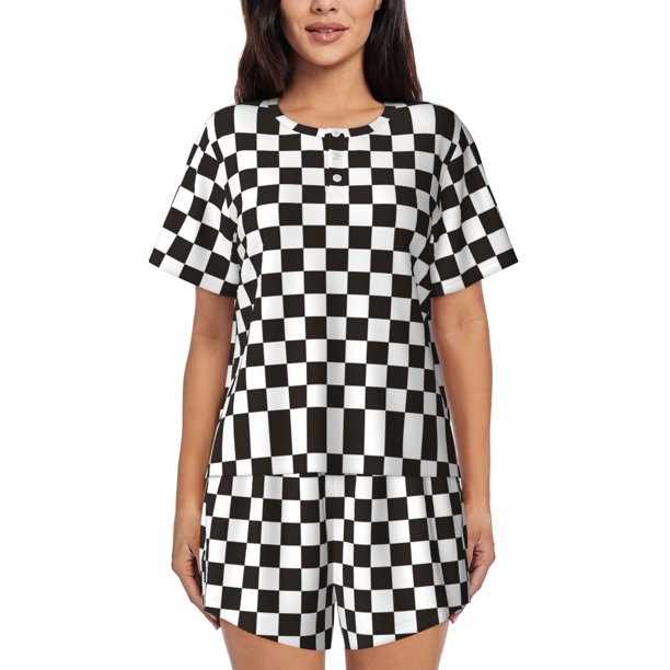 Fotbe Black and White Checkerboard Conjunto de Pijama Estampado para Mujer, 2 Piezas, Ropa de Dormir con Camiseta de Manga Corta y Shorts Suaves-Medium
