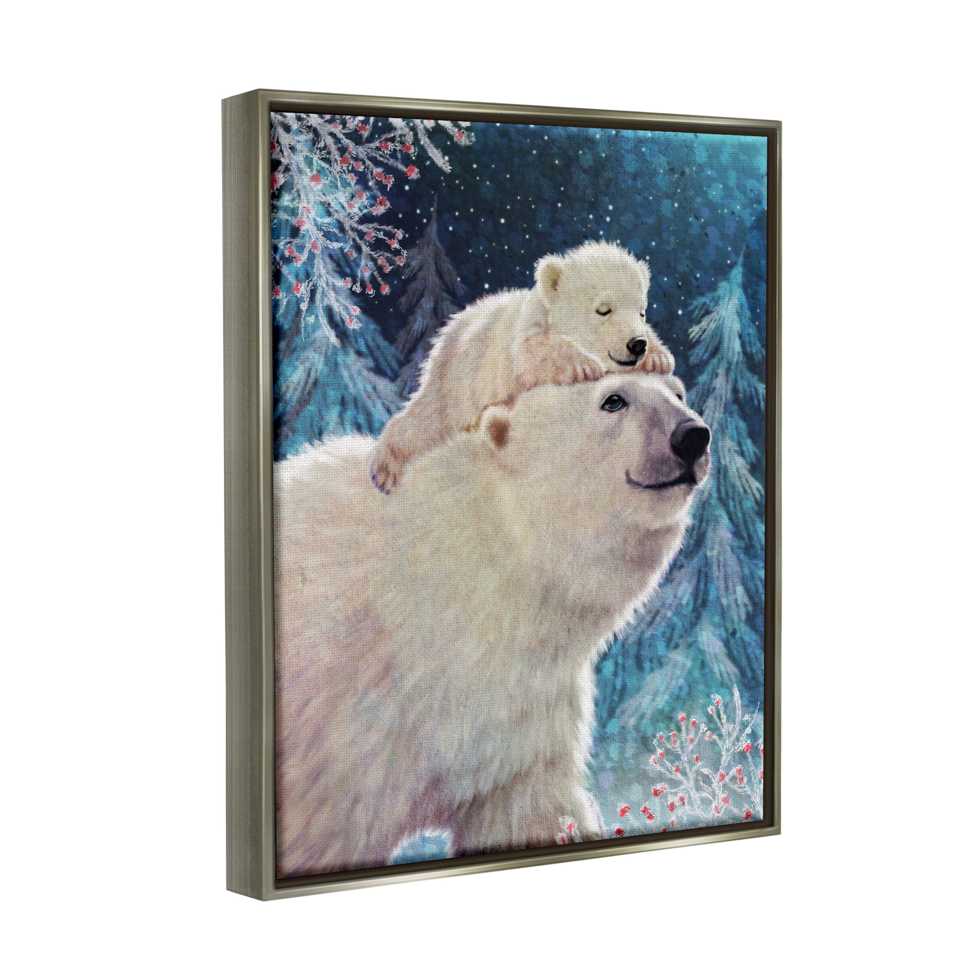 Stupell Industries Polar Bear & Cub Winter Scene Holiday Painting Gray Floater Framed Art Print Wall Art
