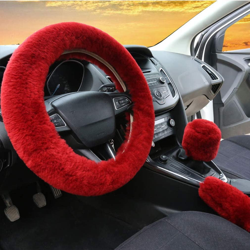 3Pcs Set Womens Winter Fashion Wool Fur Soft Furry Steering Wheel Covers Wine Red Fluffy Handbrake Cover Gear Shift Cover Fuzz Warm Non Slip Car