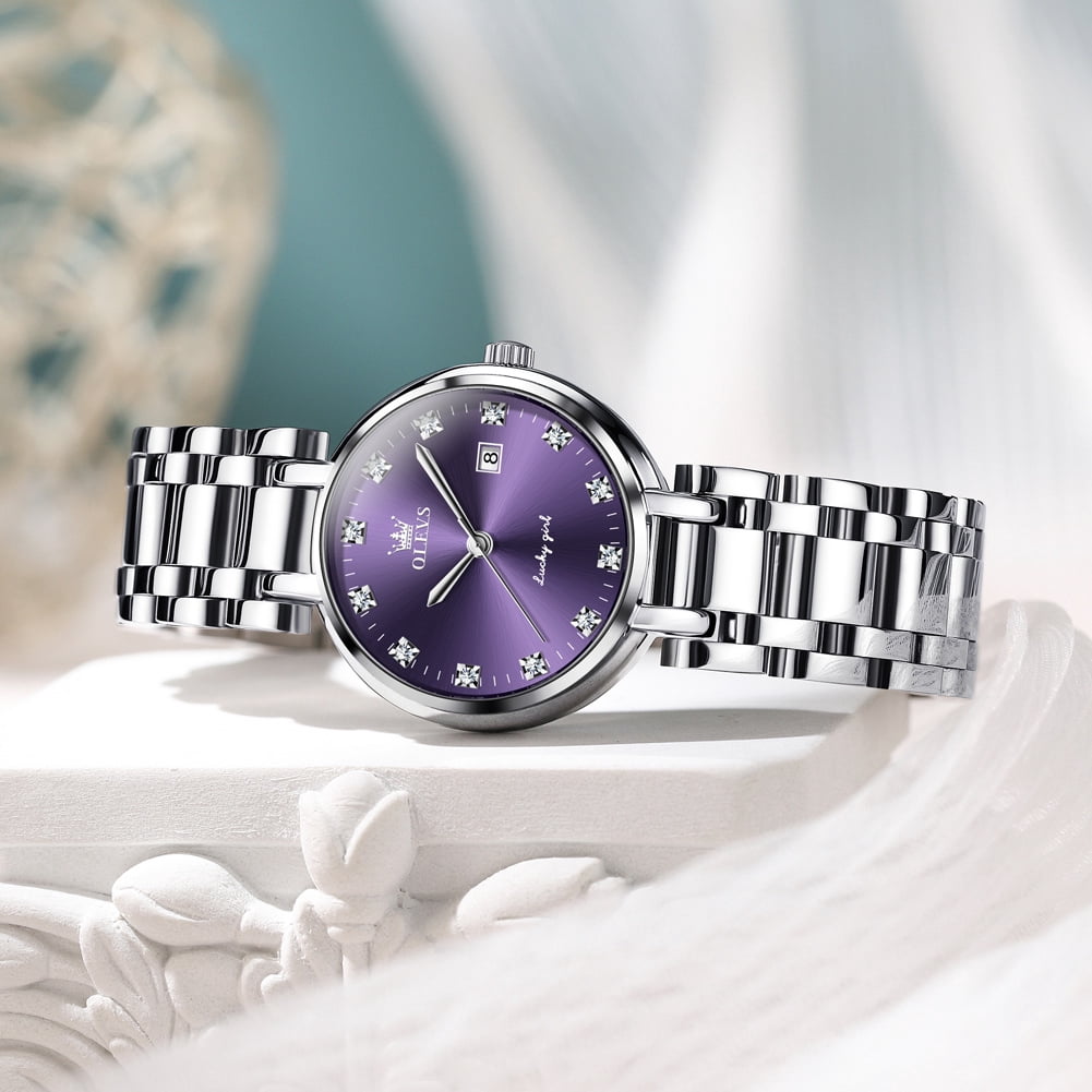 OLEVS Watches for Womens Analog Quartz Silver Strap Fashions Classic Dress Stainless Steel Date Waterproof Casual Ladies Watches Gift Womens Wrist Watches Reloj Para Mujer White/Pink/Purple