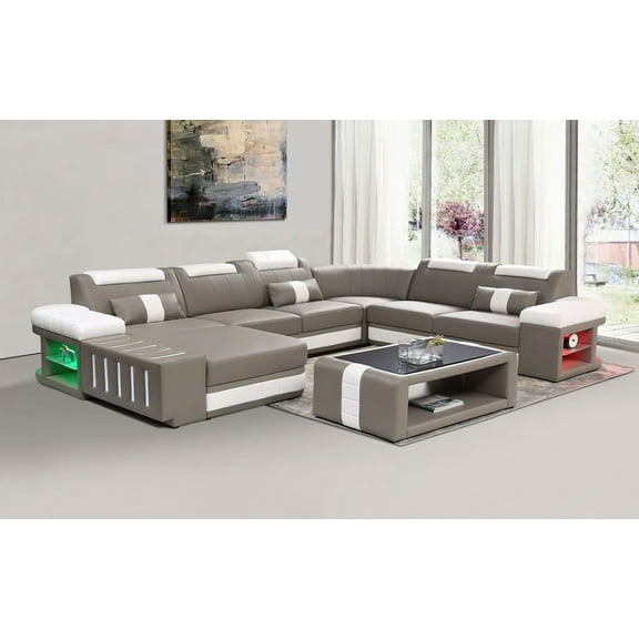 Mofit Home, Angelas Leather Sectional with LED Light, Adjustable Headrests, Storage Spaces -Top Grain Leather - Modern Design