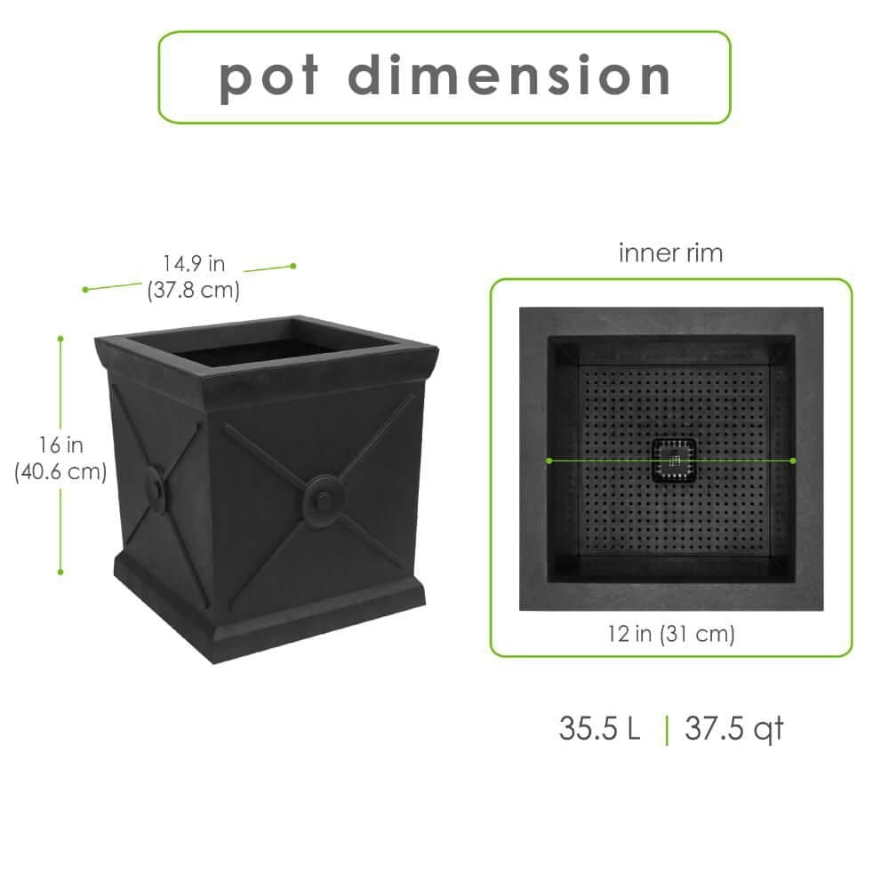 Tierra Verde Pot à réserve d'eau carré Allegro Monarch 15" L x 16" H - Noir, Intérieur/Extérieur