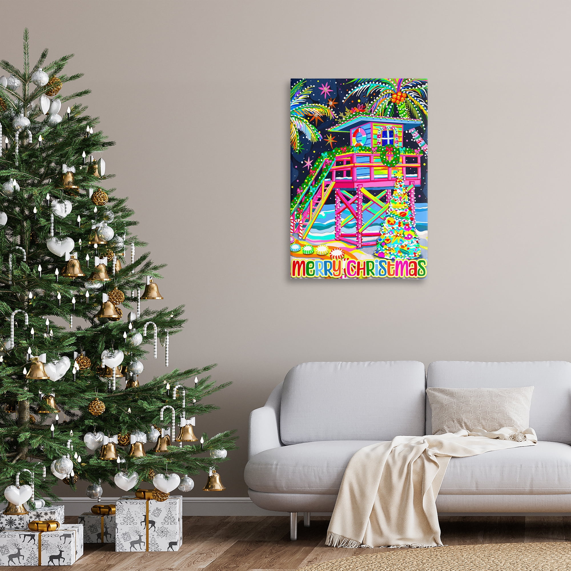 Stupell Industries Whimsical Seaside Christmas Holiday Painting Gallery Wrapped Canvas Art Prints Wall Art, 24 x 36