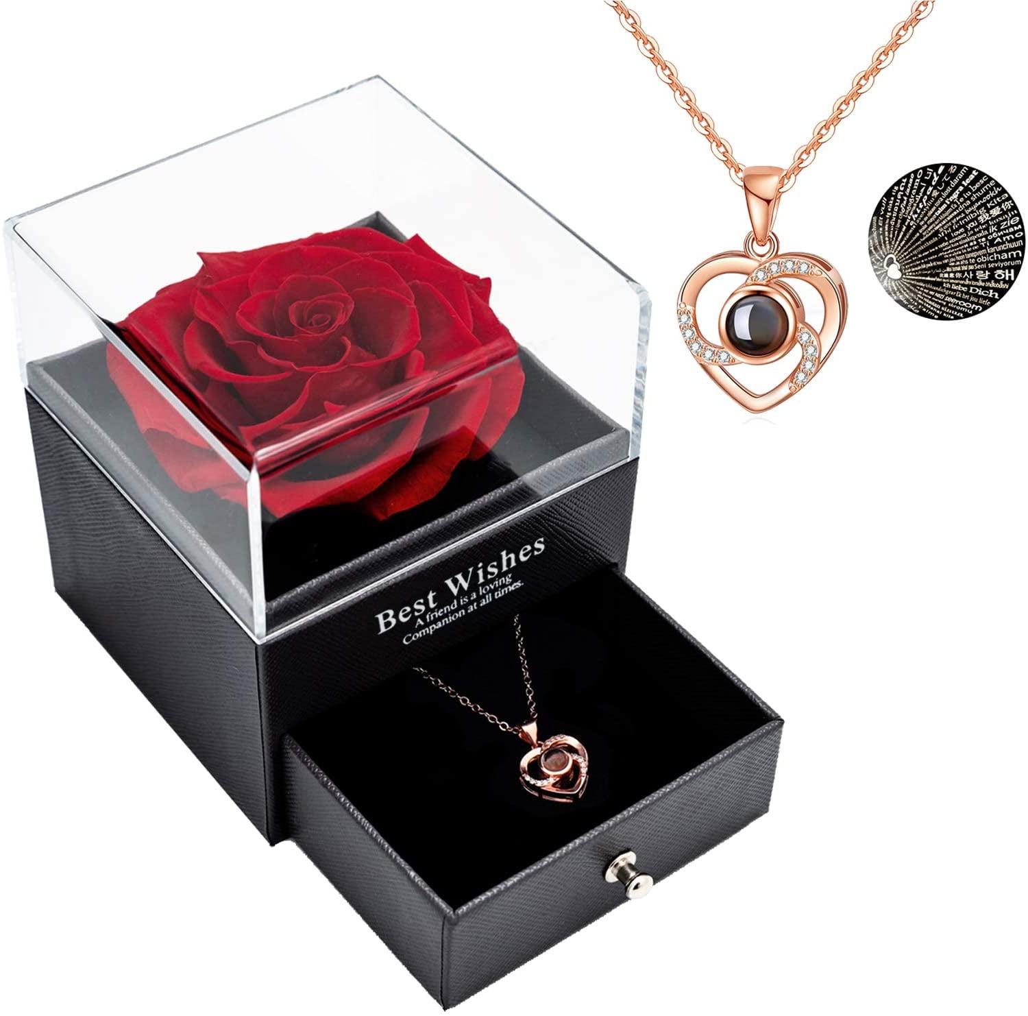 Handmade Preserved Rose Gift Box with Forever Rose and Love You Necklace in 100 Languages Enchanted Flower Gift for Girlfriend Mother Wife on Anniversary Valentine's Day Mother's Day Christmas Day