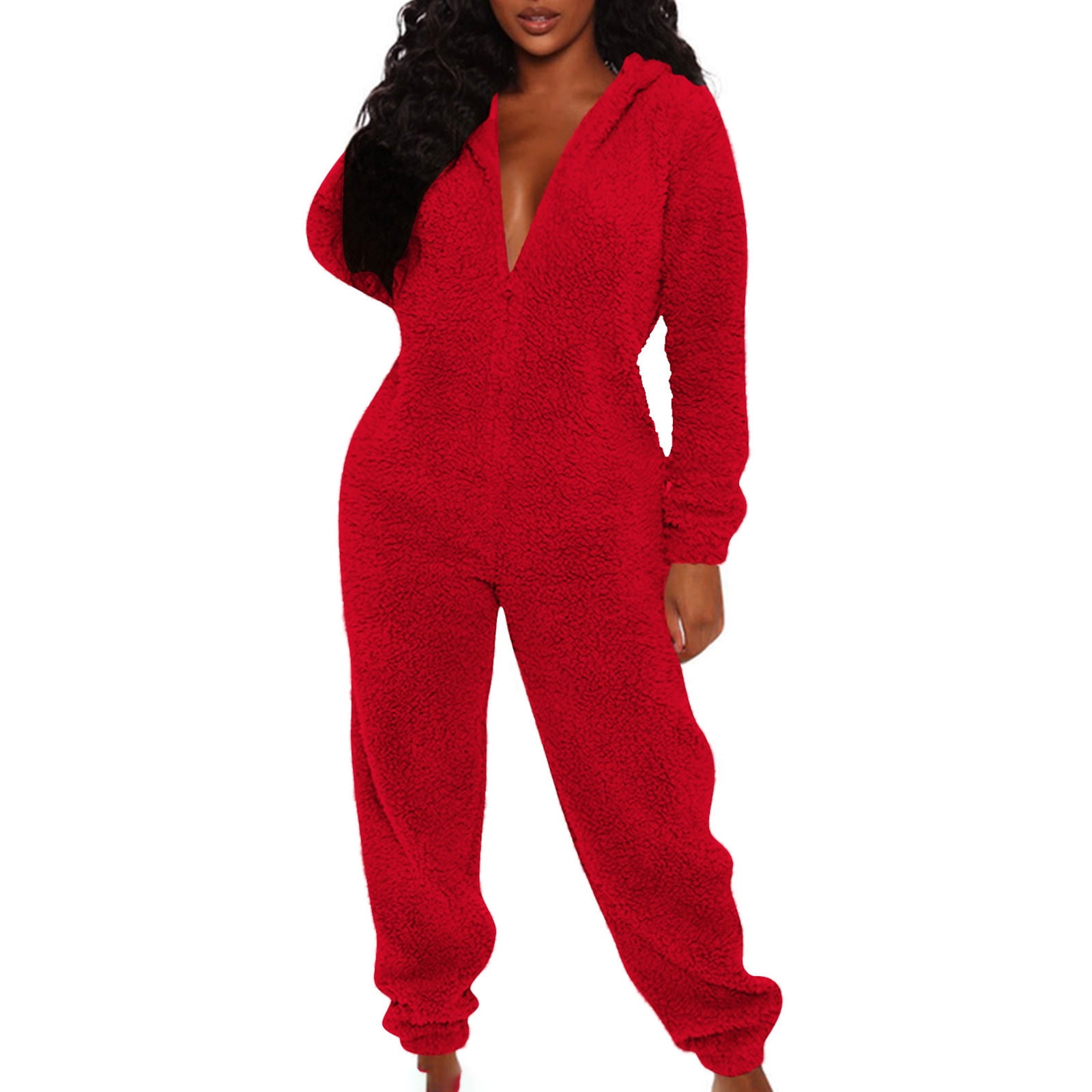 Uaswgudfs Womens Fleece Onesies Pajamas Jumpsuit Warm Romper Sleepwear One Piece Zipper Hooded Playsuit Loungewear Red 2XL