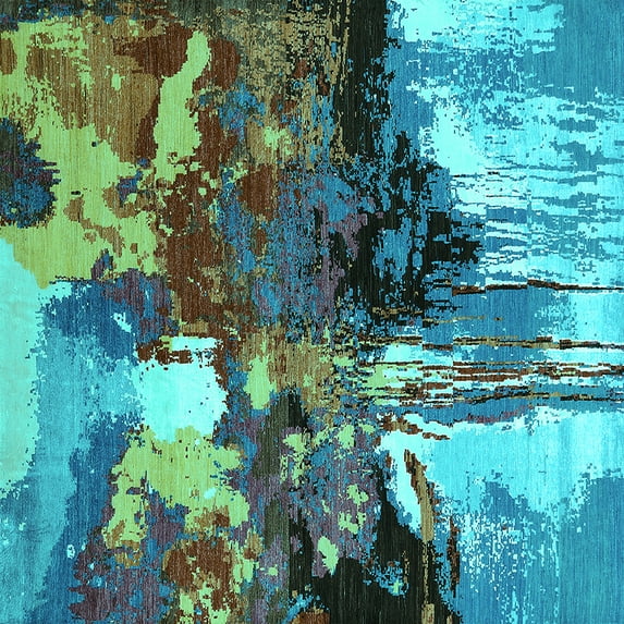 Ahgly Company Machine Washable Indoor Square Oriental Turquoise Blue Industrial Area Rugs, 4' Square