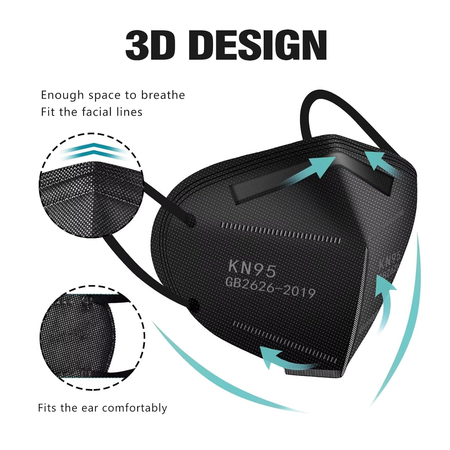 50pcs KN95 Face Mask Black 5 Layer Cup Dust Safety Masks Filter Efficiency≥95% Breathable Elastic Ear Loops Black Masks