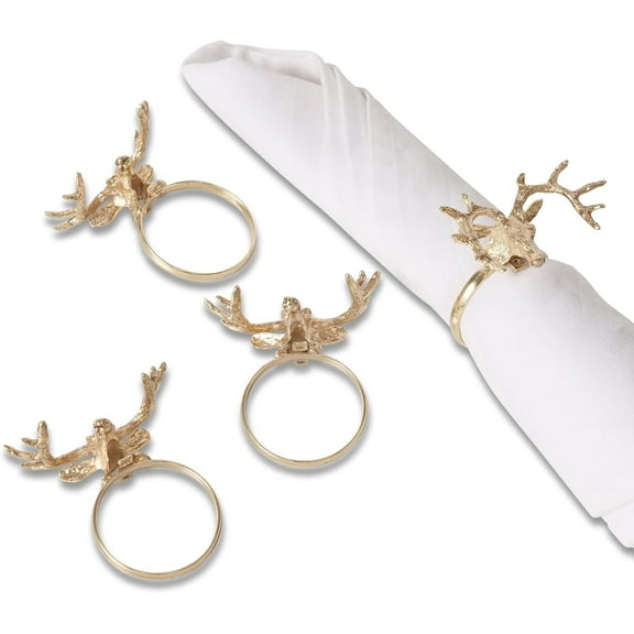 Rustic Antler Head Napkin Rings, Handcrafted, Gold, Iron, 4-Pack